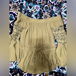 Brand: Blush - Green off the shoulder long sleeve flare shirt